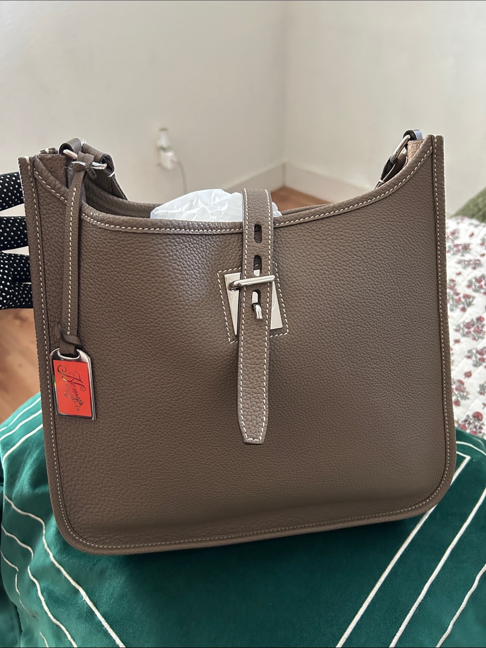 Taupe Leather Shoulder Bag with Silver Hardware